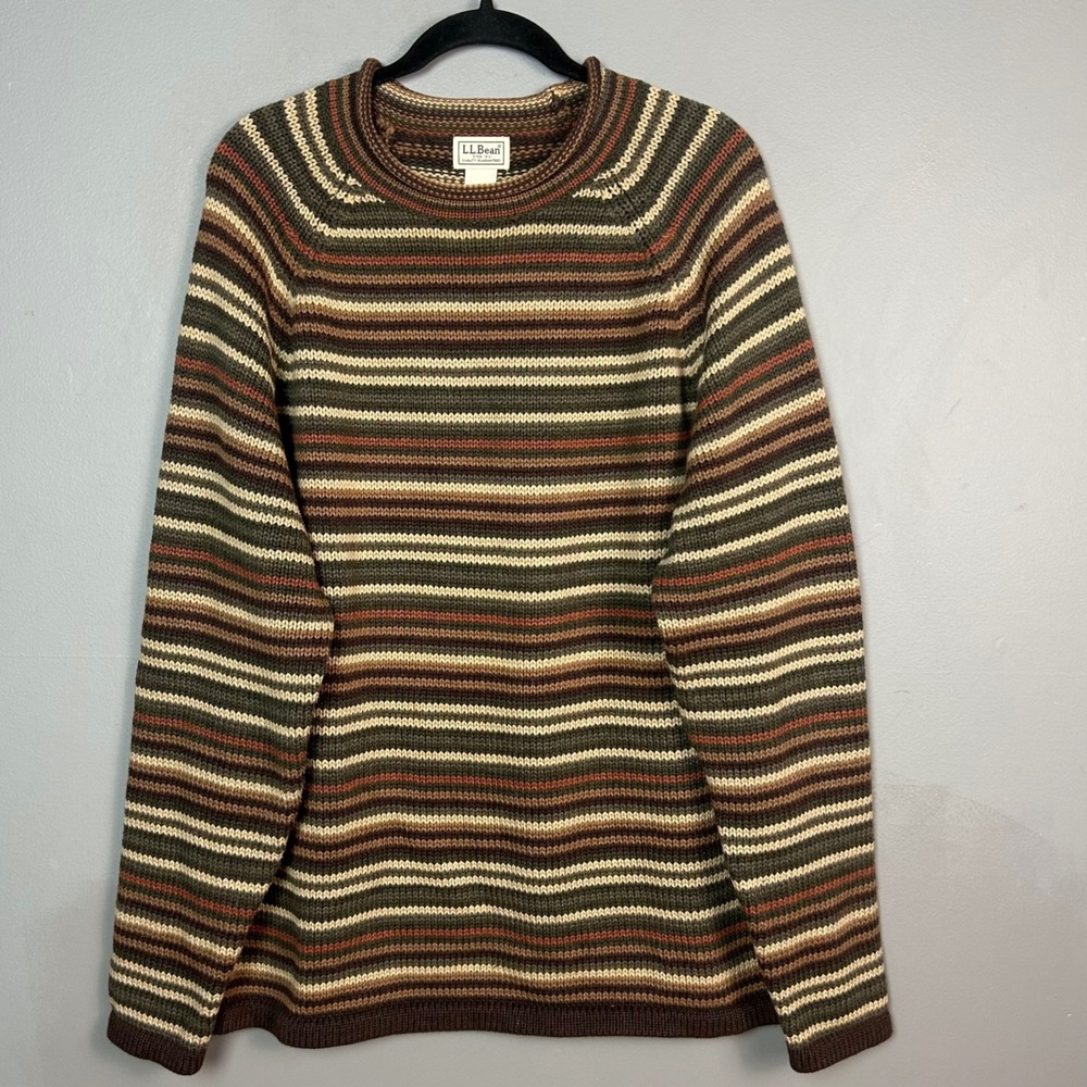 LL Bean Roll neck striped sweater Mens XL Striped Cotton Crewneck Raglan Earthy